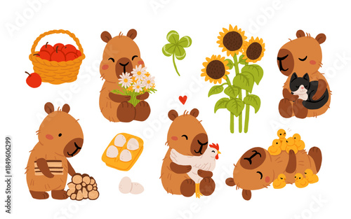 Cozy Cottage Capybara Life Vector Set with Farm Animals, Gardening, Home Activities, Slow Living, Hygge Lifestyle, Cute Cartoon Illustration Collection