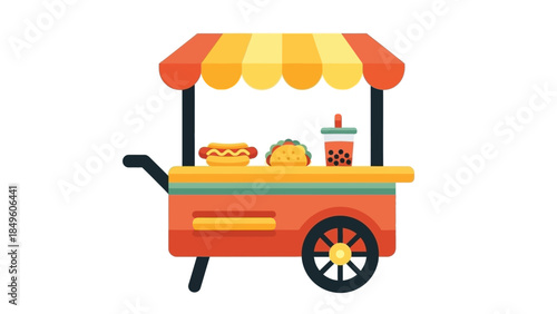 A colorful cartoon food cart with a hot dog, taco, and bubble tea drink under a striped awning, ready to serve street food.