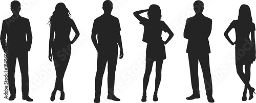 Six diverse business people silhouettes in formal and casual attire against white background group