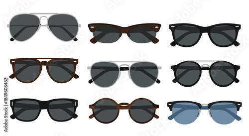 Collection of nine different styles of sunglasses displayed in a grid.