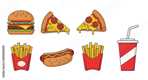 Delicious Fast Food Collection - Burger, Pizza, Hot Dog, Fries, and Soda.