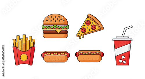 Delicious Fast Food Collection - Burger, Pizza, Hot Dogs, Fries, and Soda.