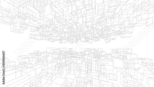 Abstract wireframe city landscape with numerous geometric blocks in a minimalist digital art style.