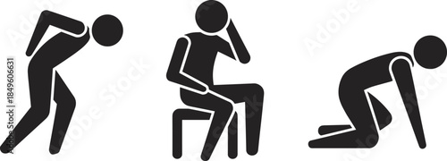 Three Black Silhouettes of Men in Poses of Exhaustion or Distress male