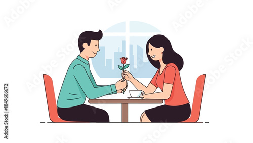 A man giving a red rose to a smiling woman on a romantic date in a cafe with a city view.