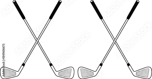 Two Pairs of Crossed Golf Clubs with White Background Keywords: golf, clubs, golf clubs, sport, recreation, equipment, crossed