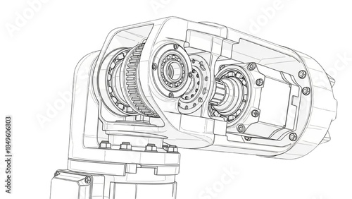 Side View Exploded Industrial Robotic Arm Gear Housing and Joint Mechanism