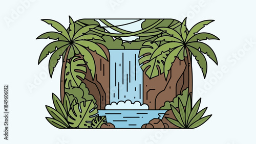 A vibrant illustration of a lush jungle waterfall cascading into a clear pool surrounded by tropical foliage and vines.
