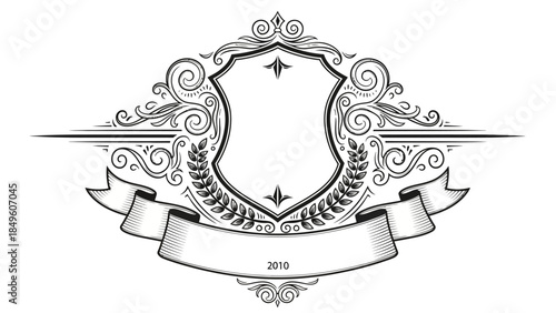 Elegant vintage crest design with ornate flourishes and a blank shield for customization