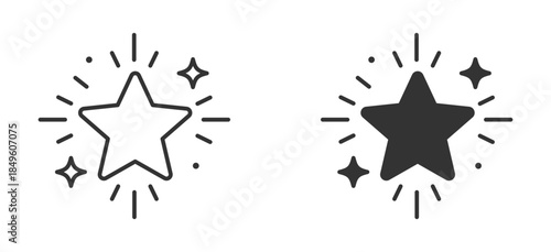 Star sparkle icon set in outline and silhouette style, representing rating, favorite, achievement, celebration, and highlights, vector illustration.