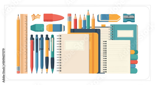 Collection of School and Office Supplies Arranged Neatly.