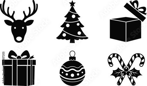 Christmas silhouette icons, reindeer head, decorated Christmas tree with star, open gift box, wrapped present with bow, ornament ball, crossed candy canes with holly