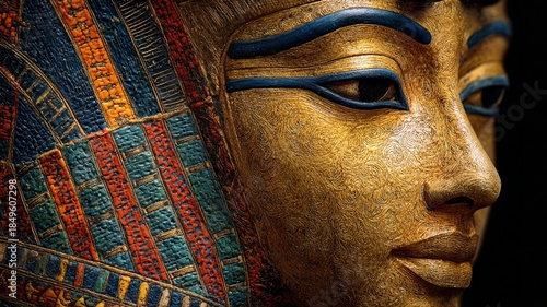 Macro golden image looking to the right of the face of an Egyptian pharaoh with a black background