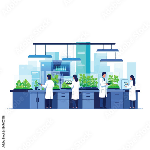Scientists in a modern plant research laboratory conducting experiments with various plants under controlled lighting conditions.