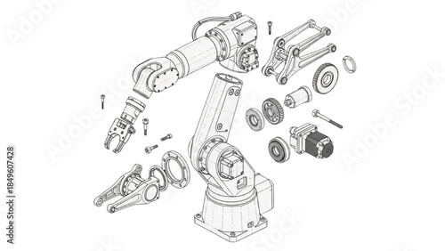 Exploded View of Robotic Arm Assembly Parts with Mechanical Components and Tools in Technical Illustration