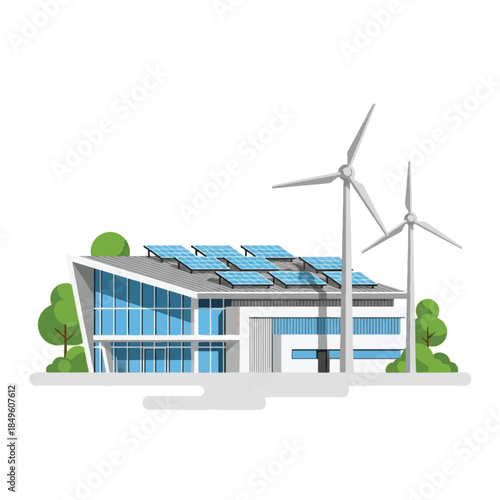 Modern building with solar panels and wind turbines, representing renewable energy and sustainable architecture.