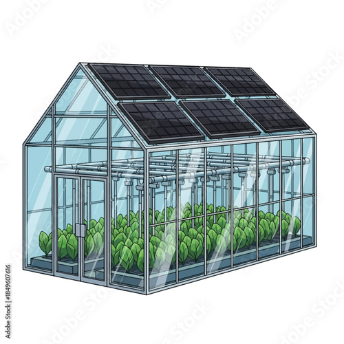 A modern glass greenhouse with solar panels on the roof, cultivating green plants inside.