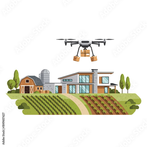 Drone delivering packages to a modern house with a barn and vineyard in a rural landscape.