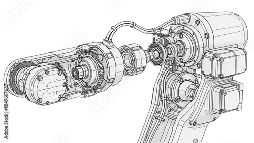 Side View Exploded Industrial Robotic Arm Motor and Gear Train Assembly