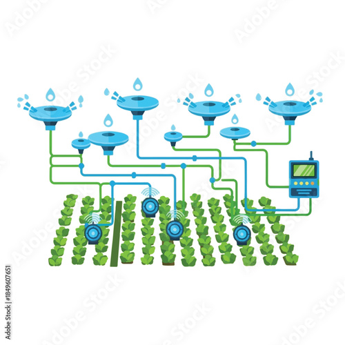 Automated smart irrigation system watering a field of green plants with a central control unit.