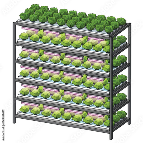 Vertical farming system with multiple tiers of leafy green plants growing under artificial lights indoors.