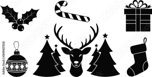 Christmas silhouette reindeer and trees, holiday ornaments and stocking, holly berries and candy cane, wrapped gift, festive vector icons set