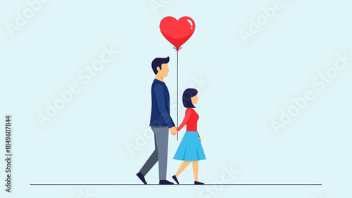 Illustration of a man and a girl holding hands with a heart-shaped balloon symbolizing love and