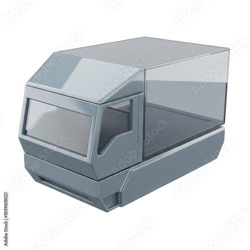 Futuristic grey flatbed truck with transparent windows and a smooth ABS plastic finish on a clean transparent background showcasing subtle roughness and beveled edges