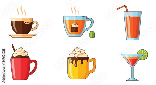 Collection of various hot and cold beverages in different cups and glasses.