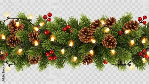 Christmas garland with pine cones berries and warm lights festive decoration for winter holidays and New Year celebrations isolated on transpar