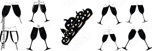 ACelebration Toast Champagne Glasses and Spooky Halloween Jack O Lantern Pumpkinsdobe Illustrator Artwork