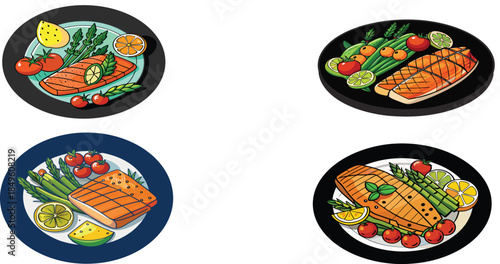 Four stylized illustrations show various arrangements of grilled salmon fillets paired with asparagus, tomatoes, and citrus slices.