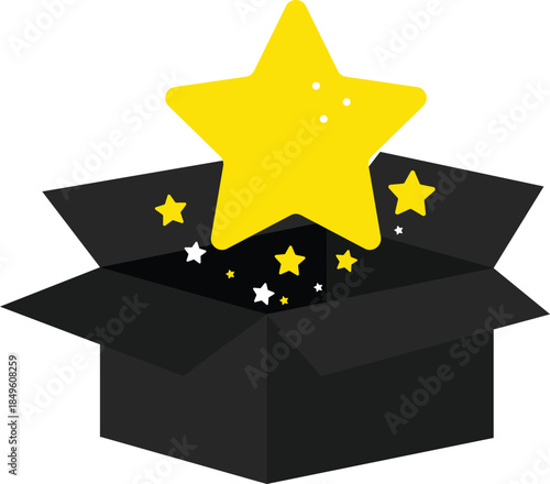 Open black gift box with a large yellow star and sparkling stars emerging from inside, symbolizing success, excellence, surprise, reward, or premium quality.
