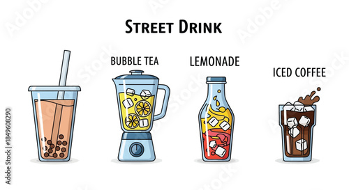 Refreshing Street Drinks Collection - Bubble Tea, Lemonade, and Iced Coffee.