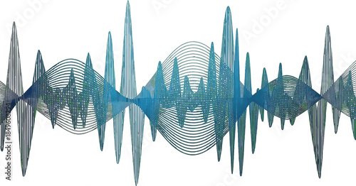 Dynamic Abstract Digital Sound Wave Background with Intersecting Blue and Green Lines. Modern Technology and Data Visualization Concept Art.