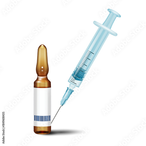 A medical ampoule and a syringe with a needle