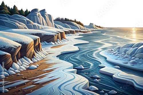 Lake Michigan shoreline transforms into a frozen coastal scene with snowdrifts, icy waves, stormy skies, and powerful winter winds reshaping the beach into an arctic-like landscape