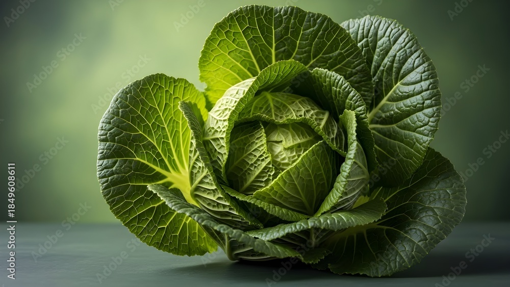 Fototapeta premium Fresh Green Cabbage Head CloseUp Studio Shot.
