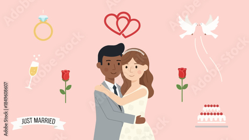 Joyful Newlywed Couple Celebrating Love with Romantic Symbols and Wedding Elements