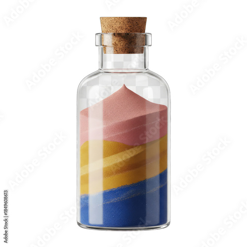 Glass bottle with cork stopper filled with sparkling layers of blue gold and pink sand and glitter on a transparent background