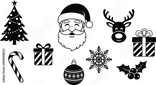 christmas, santa, reindeer, snowflake, ornament, holly, gifts, candycane, tree, decorated, vector, 
