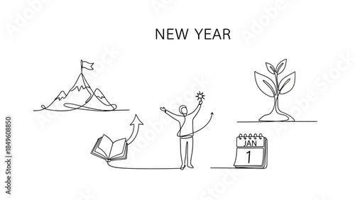 Minimalist Line Drawing Representing New Year Goals and Growth Steps