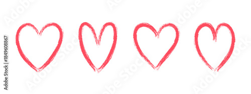Set of four brush painted red heart symbols, grunge love icons