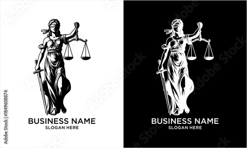 Themis goddess of justice holding scales and sword in black and white.