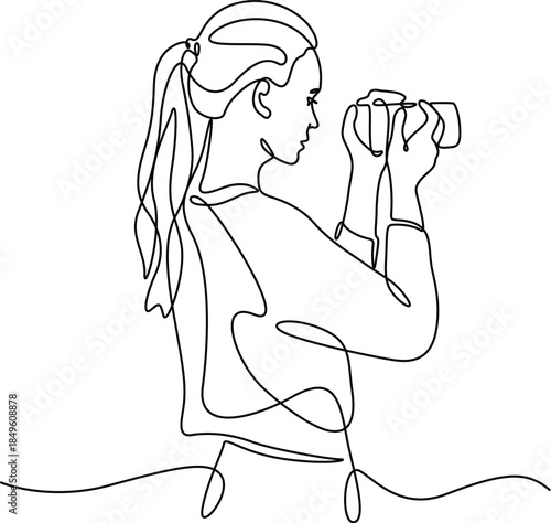 Continuous one-line art of a woman photographer holding a camera. 