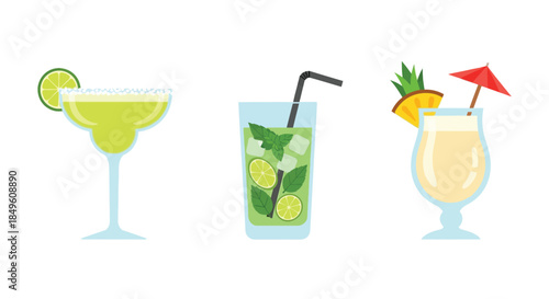 Refreshing summer cocktails - margarita, mojito, and pina colada.