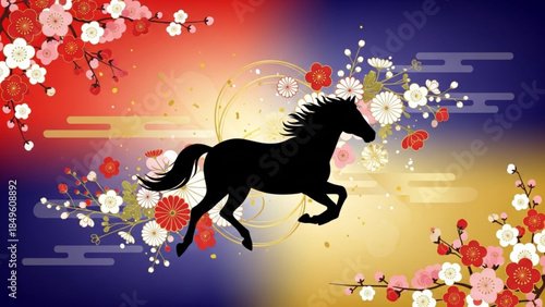 Silhouette of a running horse amidst floral elements and abstract shapes representing strength and new beginnings ideal for festive designs