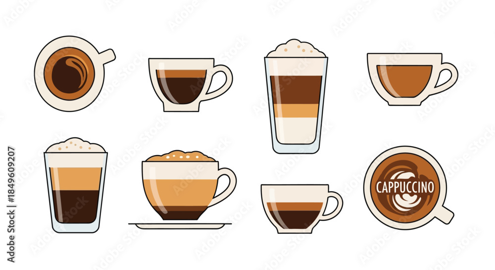 Obraz premium Various coffee drinks in different cups and glasses.