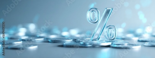 Elegant transparent glass percent symbol standing on  coin stacks with reflections. Concept of economy, interest, banking, and savings. banner 