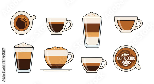 Various coffee drinks in different cups and glasses.